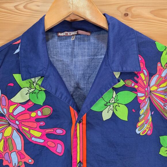 Mr Turk Floral Butterfly Vibrant Short Sleeve Button Shirt Men XL Summer Beach - Picture 2 of 11